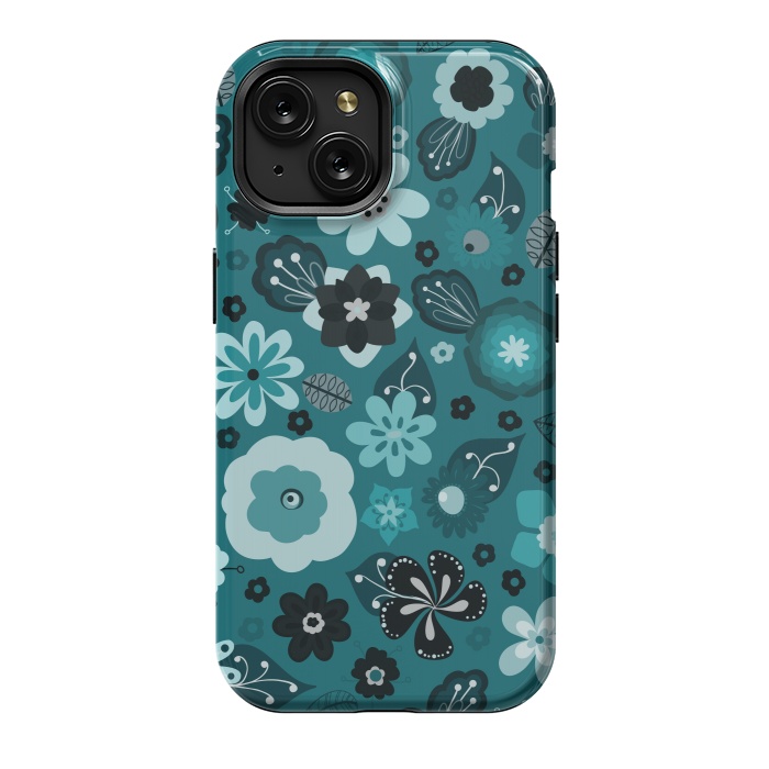 iPhone 15 StrongFit Kitsch 70s Flowers in Monochrome Classic Blue by Paula Ohreen