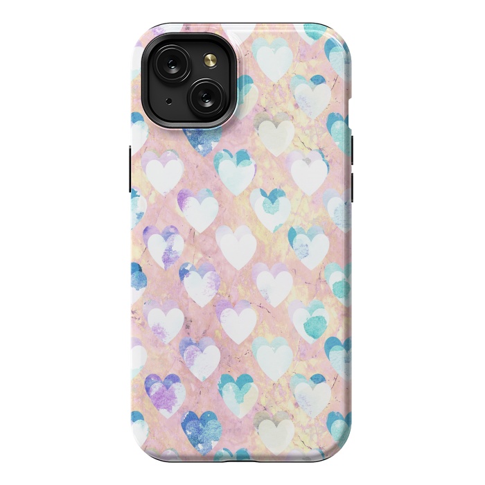 iPhone 15 Plus StrongFit Pastel painted hearts on pink marble Valentine by Oana 