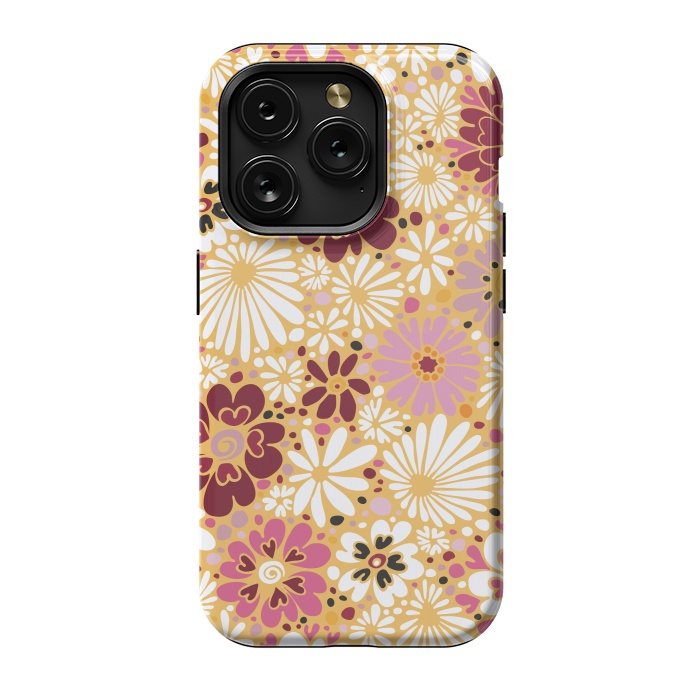 iPhone 15 Pro StrongFit 70s Valentine Flowers in Pink, Cream and Yellow by Paula Ohreen