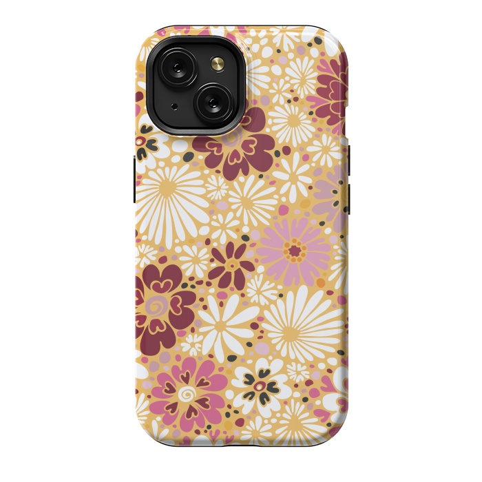 iPhone 15 StrongFit 70s Valentine Flowers in Pink, Cream and Yellow by Paula Ohreen