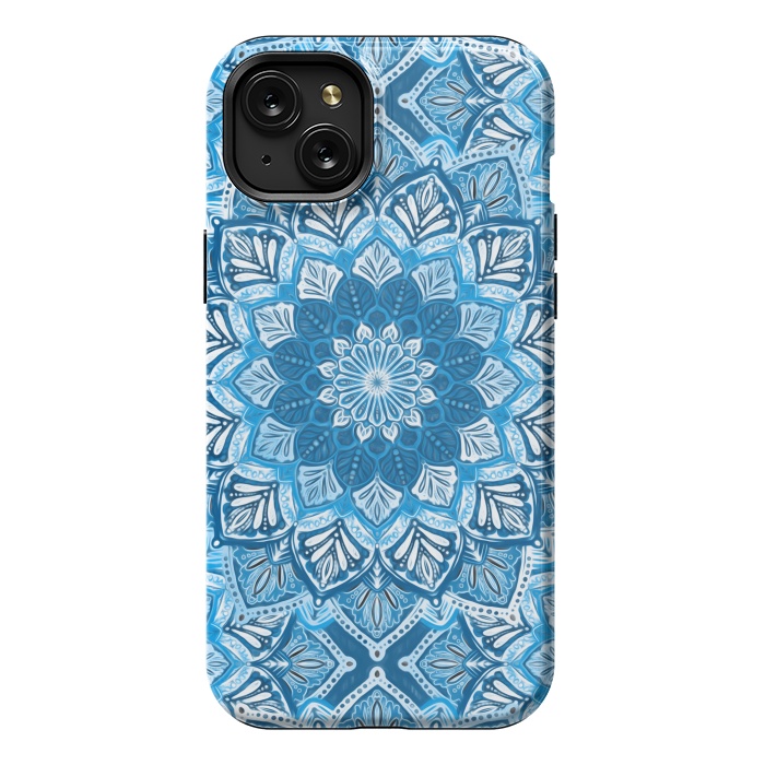 iPhone 15 Plus StrongFit Boho Mandala in Monochrome Blue and White by Micklyn Le Feuvre
