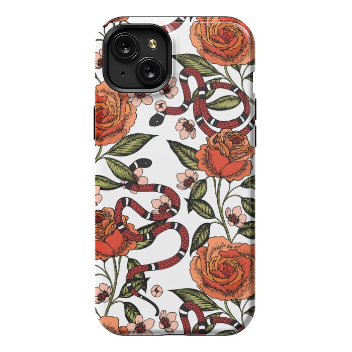 iPhone 15 Plus StrongFit Roses and snake. White pattern by Julia Badeeva