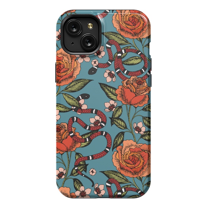iPhone 15 Plus StrongFit Roses and snake. Blue pattern by Julia Badeeva
