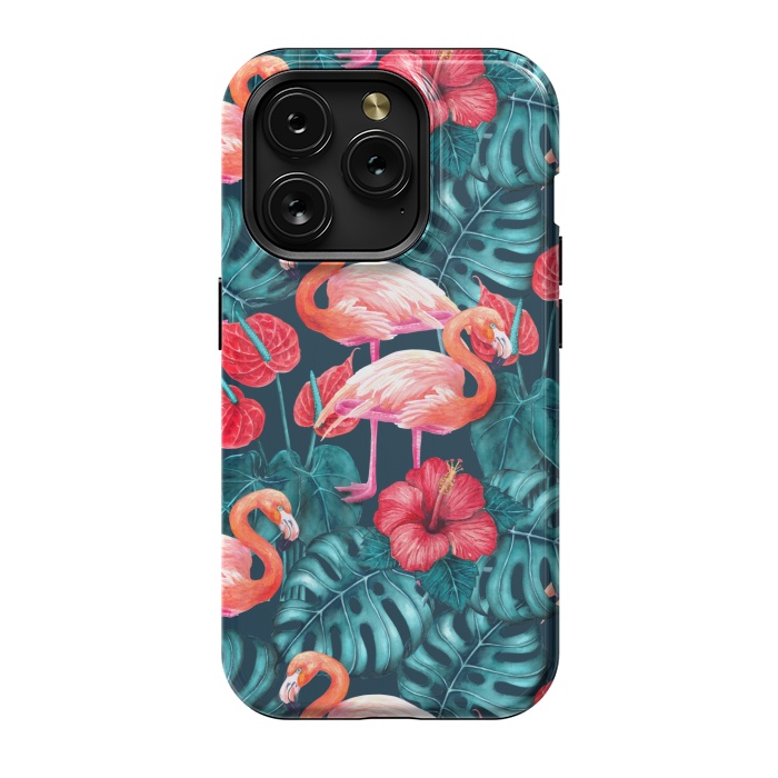 iPhone 15 Pro StrongFit Flamingo birds and tropical garden watercolor by Katerina Kirilova