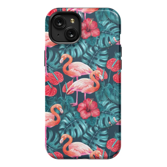 iPhone 15 Plus StrongFit Flamingo birds and tropical garden watercolor by Katerina Kirilova
