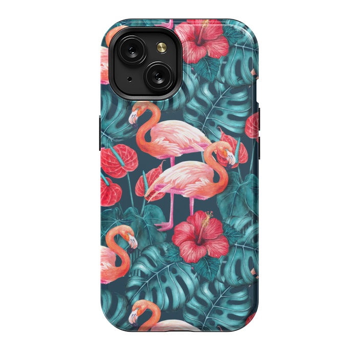 iPhone 15 StrongFit Flamingo birds and tropical garden watercolor by Katerina Kirilova