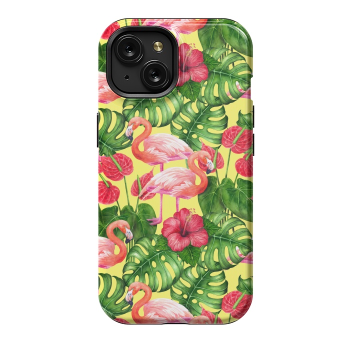 iPhone 15 StrongFit Flamingo birds and tropical garden watercolor 2 by Katerina Kirilova