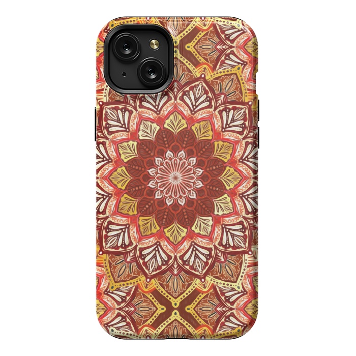 iPhone 15 Plus StrongFit Boho Mandala in Rust Red and Faux Gold by Micklyn Le Feuvre