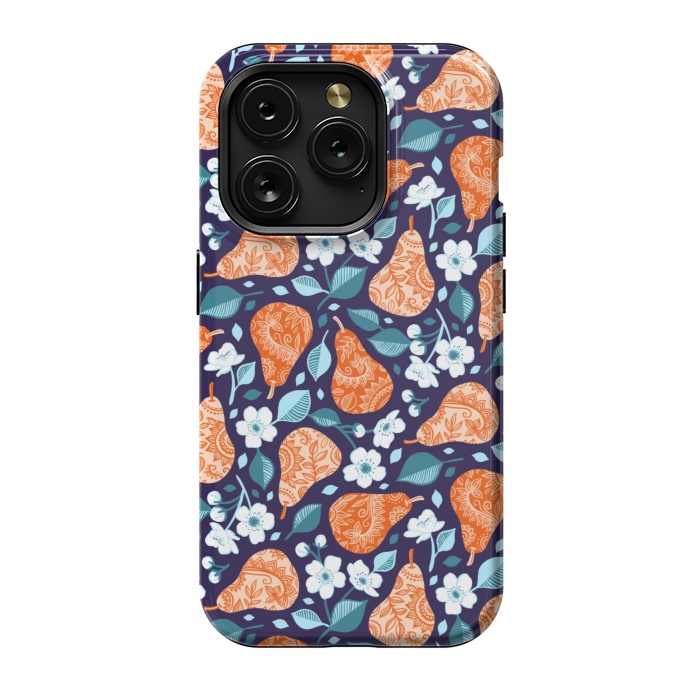 iPhone 15 Pro StrongFit Cheerful Pears in Orange on Navy Blue by Micklyn Le Feuvre
