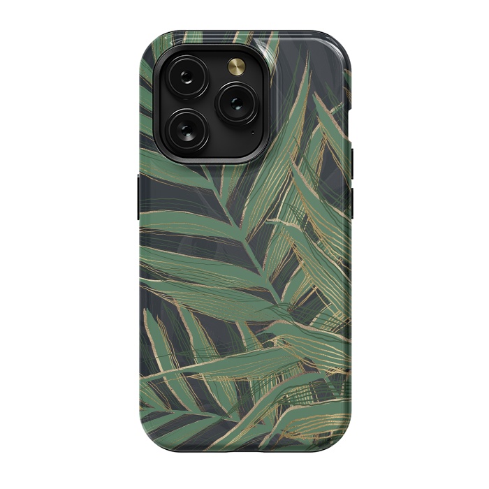 iPhone 15 Pro StrongFit Trendy Green Palm Leaves Gold Strokes Gray Design by InovArts