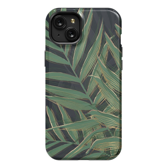 iPhone 15 Plus StrongFit Trendy Green Palm Leaves Gold Strokes Gray Design by InovArts