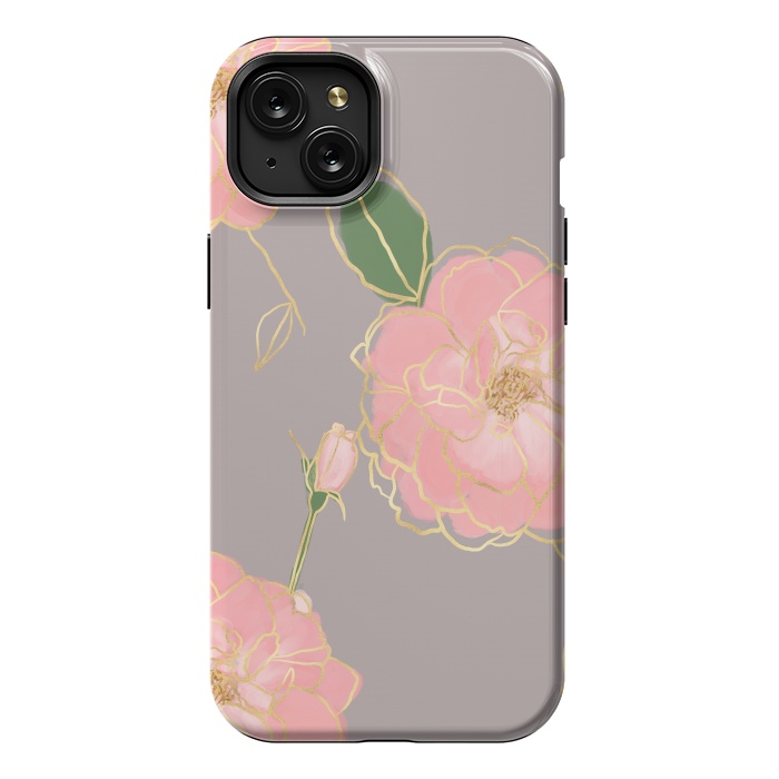 iPhone 15 Plus StrongFit Elegant Pink & Gold Watercolor Roses Gray Design by InovArts