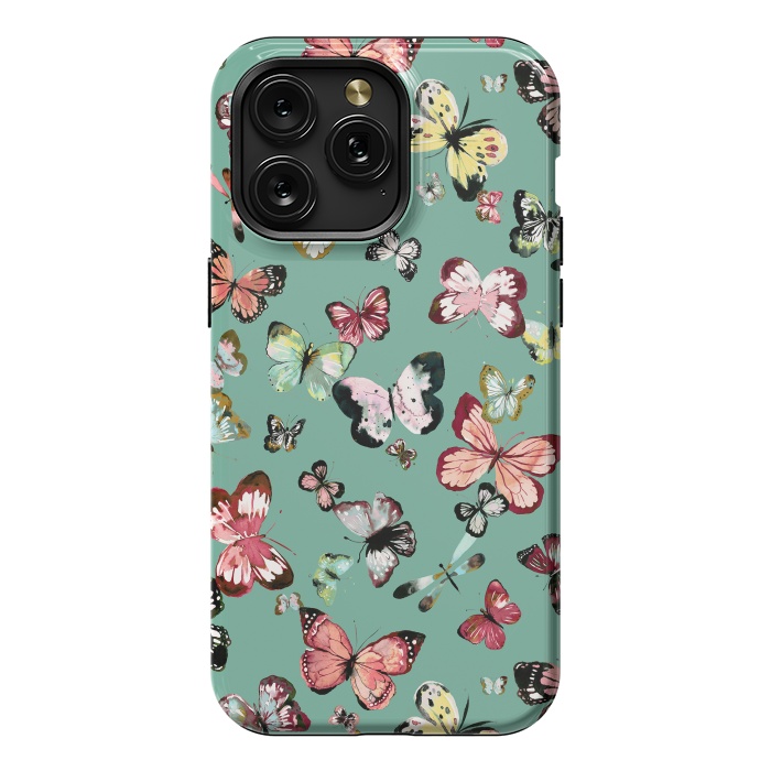 iPhone 15 Pro Max StrongFit Flying Butterflies Watercolor Teal by Ninola Design