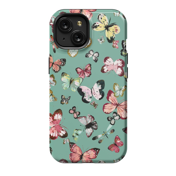 iPhone 15 StrongFit Flying Butterflies Watercolor Teal by Ninola Design