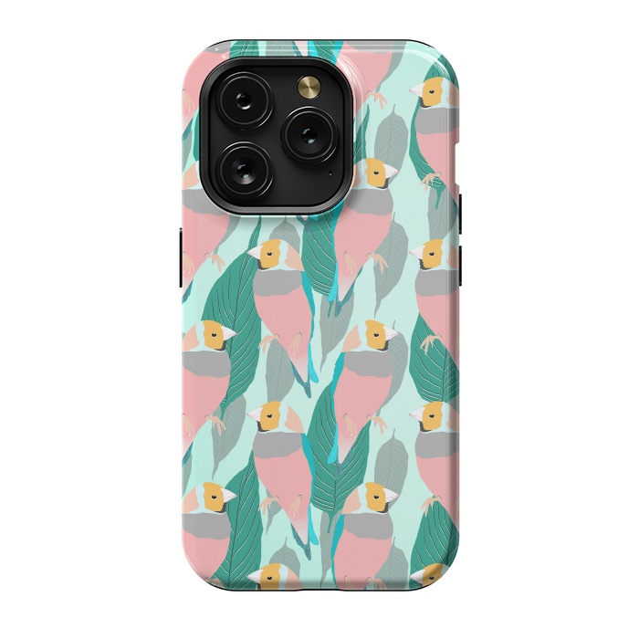 iPhone 15 Pro StrongFit Trendy Pink Rainbow Finch Bird & Green Foliage Design by InovArts