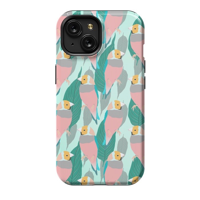 iPhone 15 StrongFit Trendy Pink Rainbow Finch Bird & Green Foliage Design by InovArts