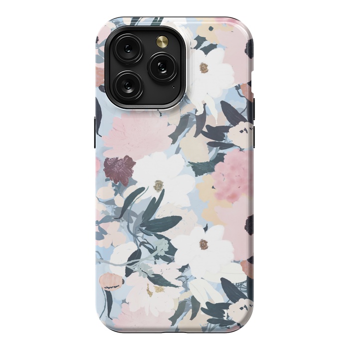 iPhone 15 Pro Max StrongFit Pretty Grayish Blue Watercolor Pink & White Floral Design by InovArts