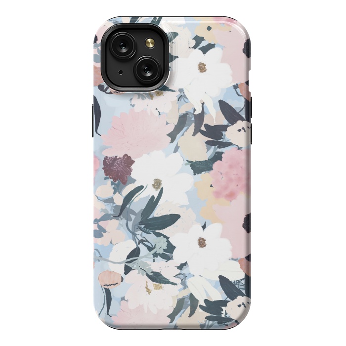 iPhone 15 Plus StrongFit Pretty Grayish Blue Watercolor Pink & White Floral Design by InovArts