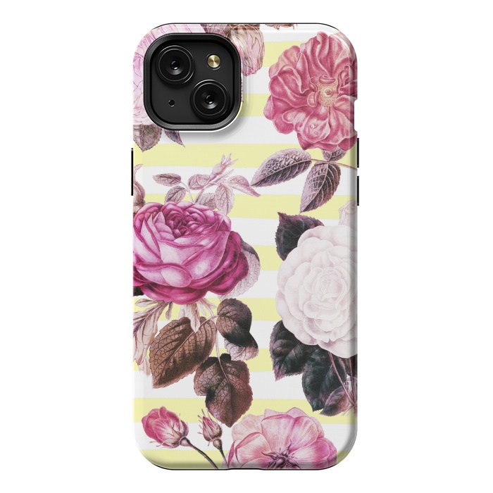 iPhone 15 Plus StrongFit Vintage romantic roses and bright yellow stripes by Oana 