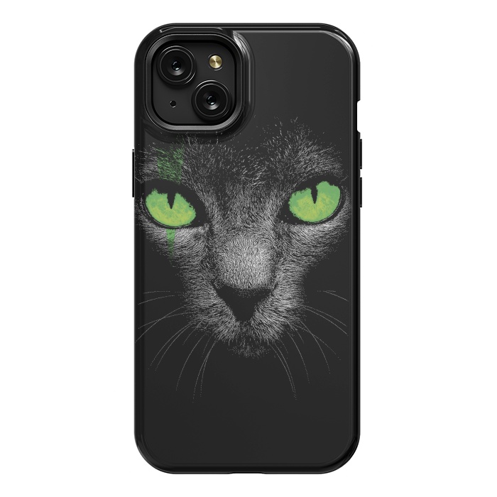 iPhone 15 Plus StrongFit Black Cat with Green Eyes by Sitchko