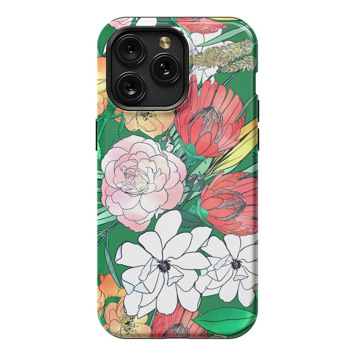 iPhone 15 Pro Max StrongFit Colorful Hand Drawn Flowers Green Girly Design by InovArts