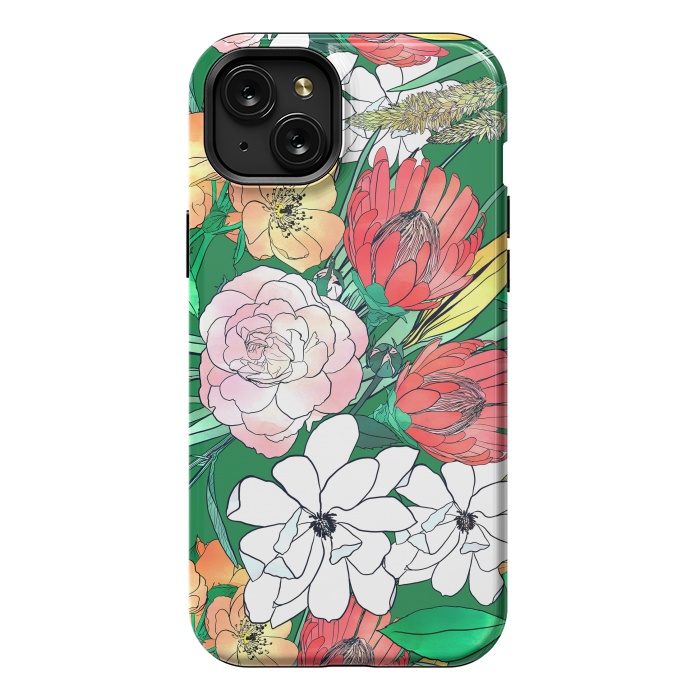 iPhone 15 Plus StrongFit Colorful Hand Drawn Flowers Green Girly Design by InovArts