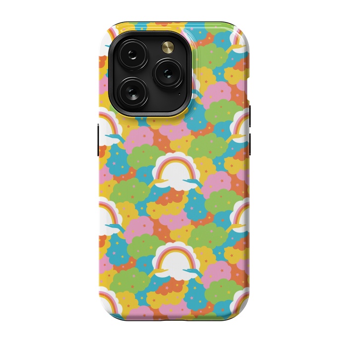 iPhone 15 Pro StrongFit Rainbows, clouds, hands, We're in This Together repeat pattern in pastels by Portia Monberg