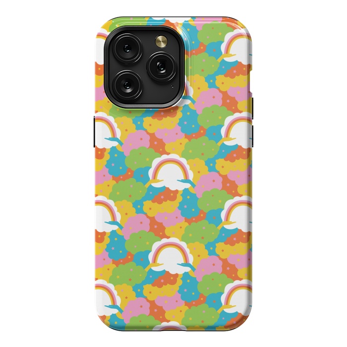 iPhone 15 Pro Max StrongFit Rainbows, clouds, hands, We're in This Together repeat pattern in pastels by Portia Monberg