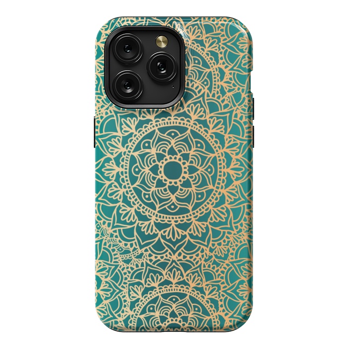 iPhone 15 Pro Max StrongFit Teal Green and Yellow Mandala Pattern by Julie Erin Designs