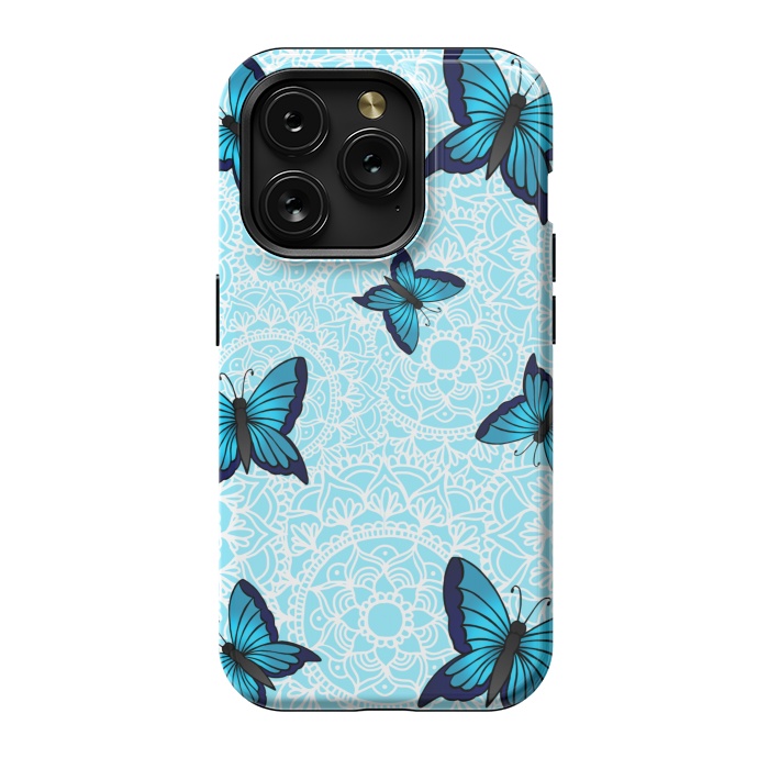iPhone 15 Pro StrongFit Blue Butterfly Mandala Pattern by Julie Erin Designs
