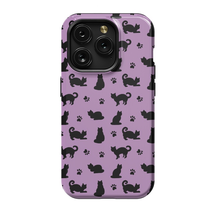 iPhone 15 Pro StrongFit Black and Purple Cats and Paw Prints Pattern by Julie Erin Designs