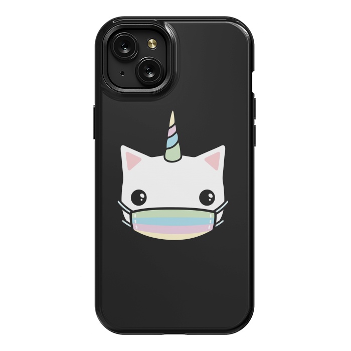 iPhone 15 Plus StrongFit Rainbow face mask cat by Laura Nagel