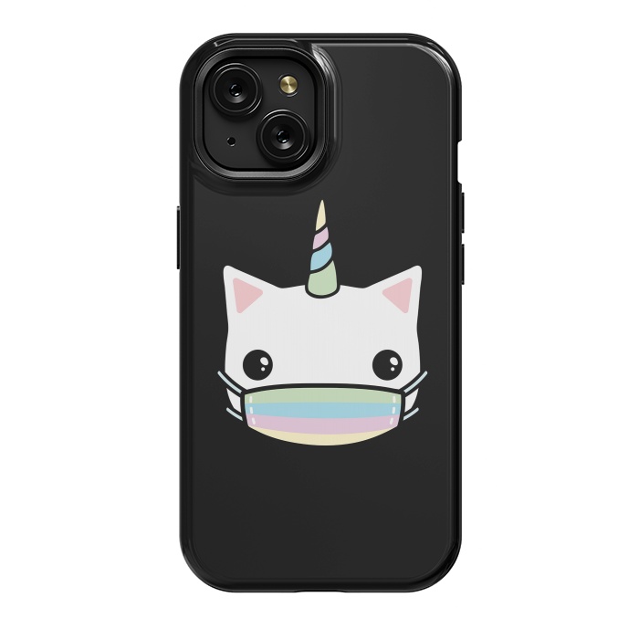 iPhone 15 StrongFit Rainbow face mask cat by Laura Nagel