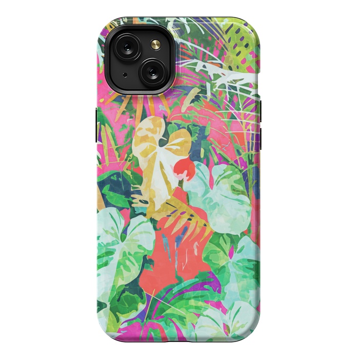 iPhone 15 Plus StrongFit Find Me Where The Tropical Things Are | Jungle Botanical Palm Colorful Painting by Uma Prabhakar Gokhale