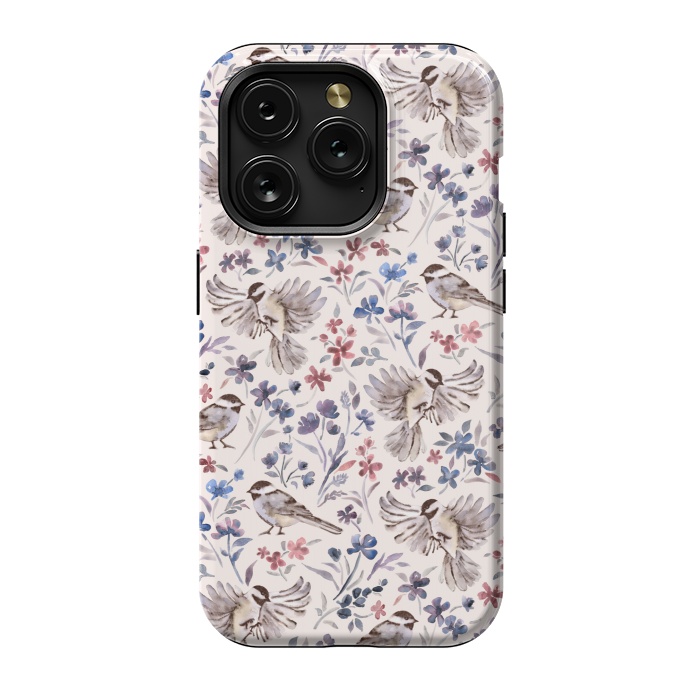 iPhone 15 Pro StrongFit Chickadees and Wildflowers on Cream by Micklyn Le Feuvre