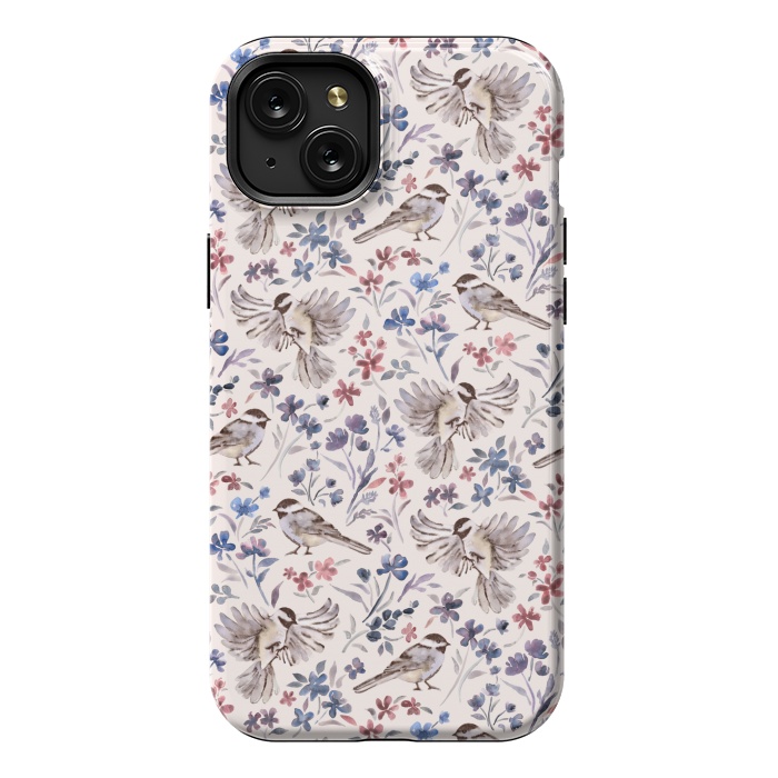 iPhone 15 Plus StrongFit Chickadees and Wildflowers on Cream by Micklyn Le Feuvre