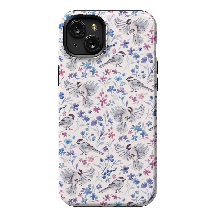 iPhone 15 Plus StrongFit Chickadees and Wildflowers in lavender blues on cream by Micklyn Le Feuvre