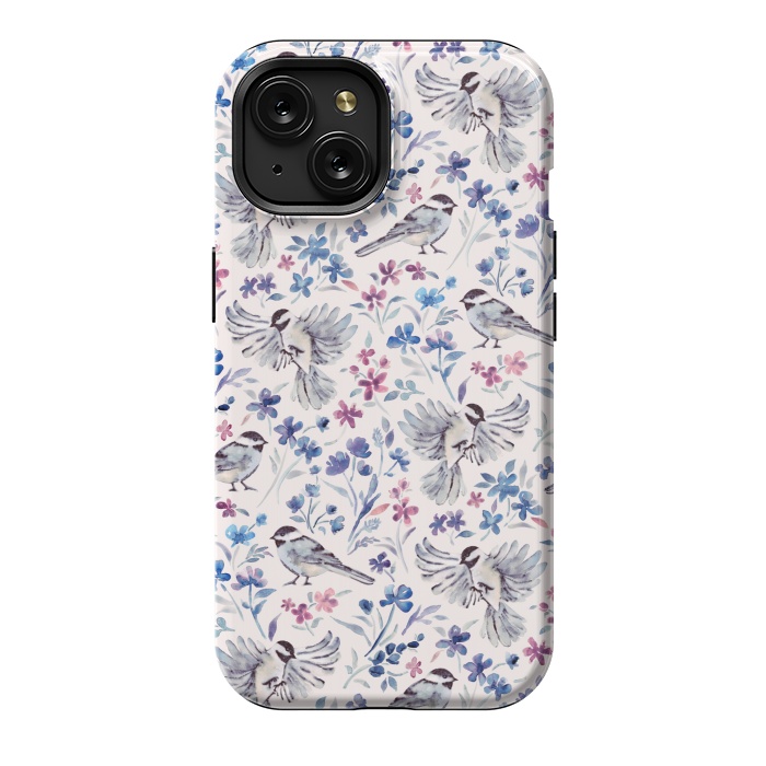 iPhone 15 StrongFit Chickadees and Wildflowers in lavender blues on cream by Micklyn Le Feuvre