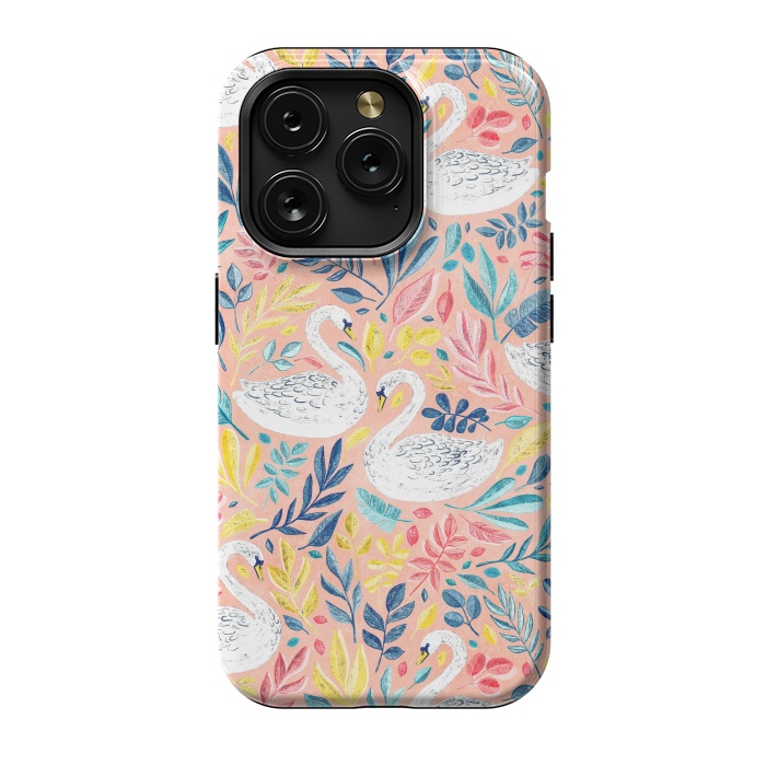 iPhone 15 Pro StrongFit Whimsical White Swans and Colorful Leaves on Pale Peach Pink by Micklyn Le Feuvre