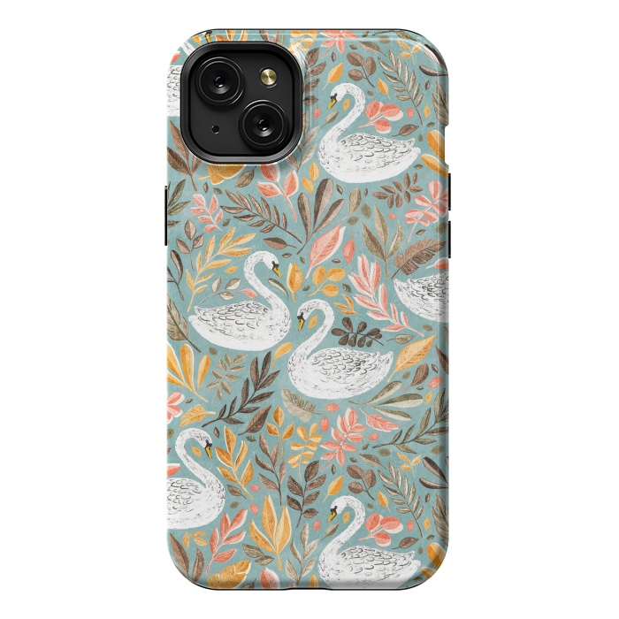 iPhone 15 Plus StrongFit Whimsical White Swans with Autumn Leaves on Sage by Micklyn Le Feuvre