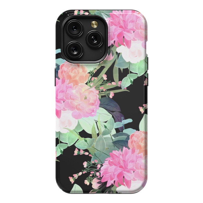 iPhone 15 Pro Max StrongFit Trendy Pink & Black Flowers Watercolor Design by InovArts