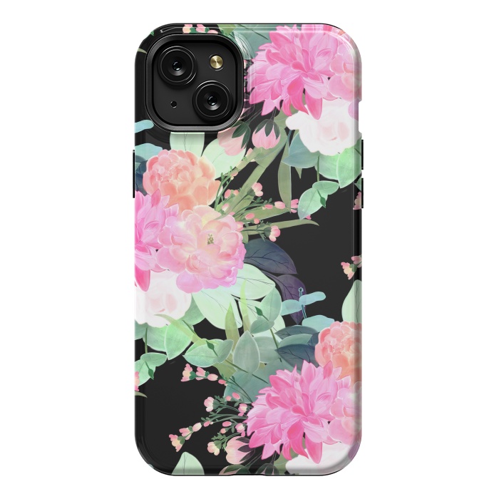 iPhone 15 Plus StrongFit Trendy Pink & Black Flowers Watercolor Design by InovArts