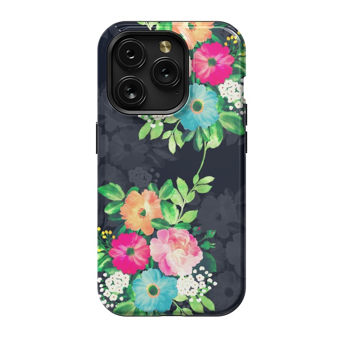 iPhone 15 Pro StrongFit Watercolor Vintage Roses Floral Dark Blue Design by InovArts