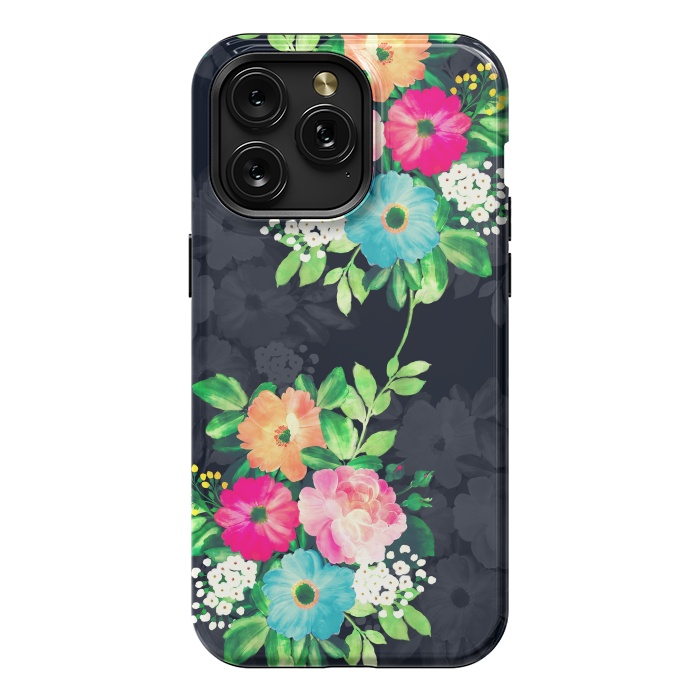 iPhone 15 Pro Max StrongFit Watercolor Vintage Roses Floral Dark Blue Design by InovArts