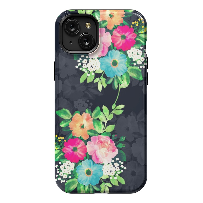 iPhone 15 Plus StrongFit Watercolor Vintage Roses Floral Dark Blue Design by InovArts