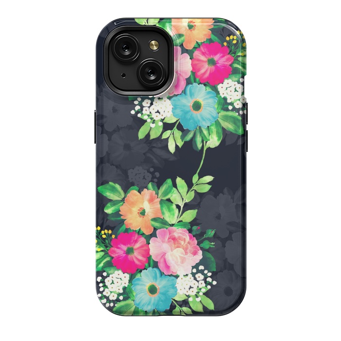 iPhone 15 StrongFit Watercolor Vintage Roses Floral Dark Blue Design by InovArts