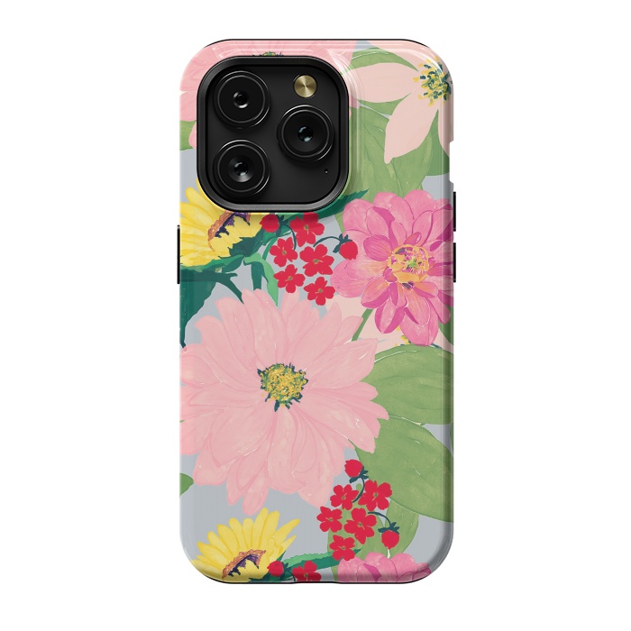 iPhone 15 Pro StrongFit Elegant Watercolor Sunflowers Blush Floral Gray Design by InovArts