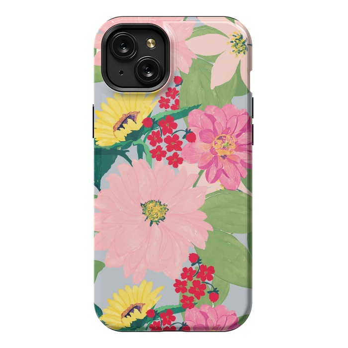 iPhone 15 Plus StrongFit Elegant Watercolor Sunflowers Blush Floral Gray Design by InovArts