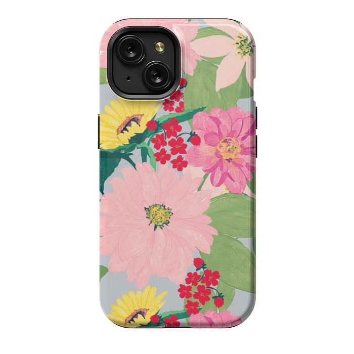 iPhone 15 StrongFit Elegant Watercolor Sunflowers Blush Floral Gray Design by InovArts