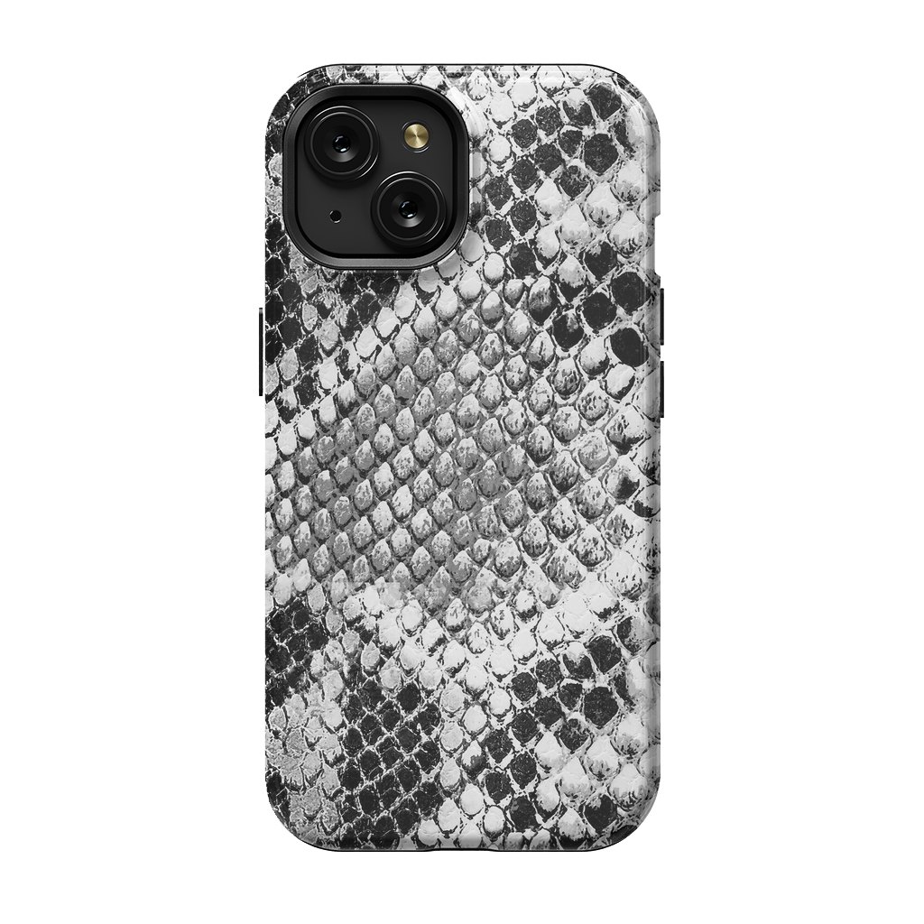 iPhone 15 StrongFit Black and grey grungy snake skin pattern by Oana 